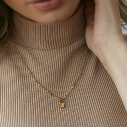 Mini Initial Square Charm Necklace Gold With Bead Chain